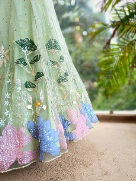 Enchanted Bloom Green Net Lehenga with Sequin & Floral Embroidery