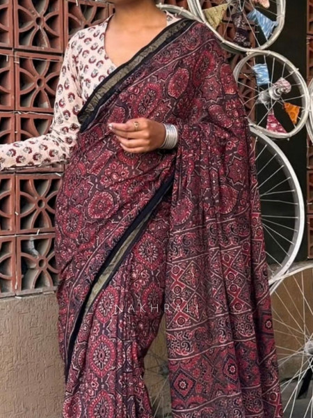 Rubaab Brown Kota Doriya Saree with Ajrakh-Inspired Floral Print