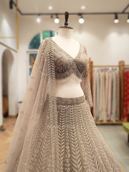Shibora brown Net Lehenga Set with Detailed Sequin Work