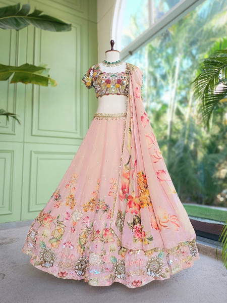 Pushpaveda Blush Pink Shimmer Lehenga With 3D Beadwork, Floral Print & Sequin Detail
