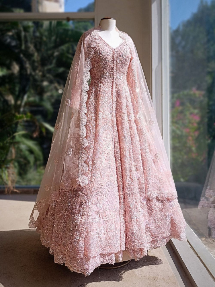 Image of Aurelia Pink Net Silk Achkan Lehenga with Sequin Cut Dana Work