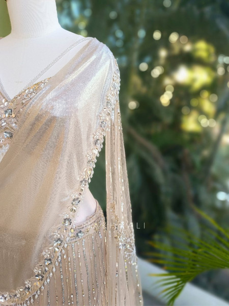 Lioré Beige Indo-Western Lehenga with Sequin and Leaf Work