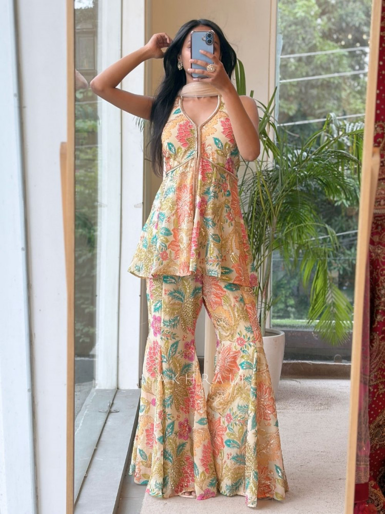 Image of Gul-o-Glow  Beige Halter Neck Floral Sharara Suit