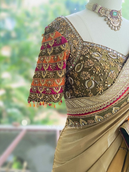 Kairi Mehendi Green Saree with Zari And Mirror Work