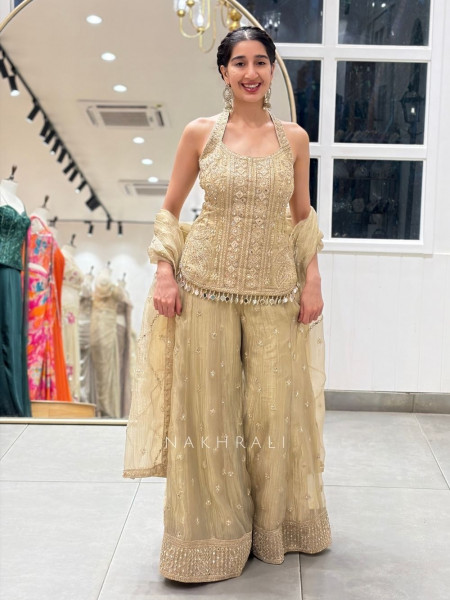 Serene Pista Green Palazzo Set with Mirror Embroidery