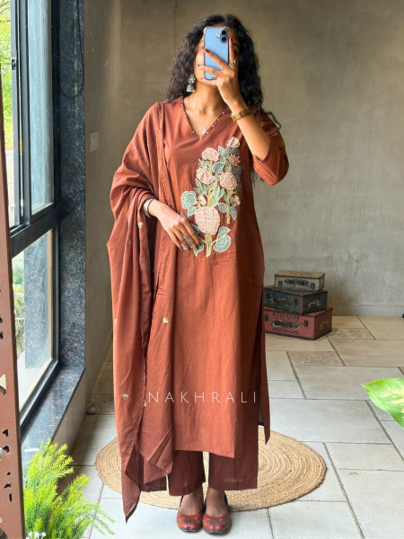 Tavira Brown Embroidered Floral Kurta Pant Set with Dupatta