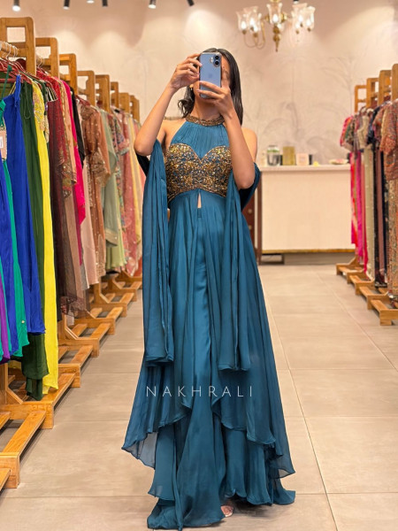 Inaaz Teal Blue Indo Western Set with Cut Dana Work