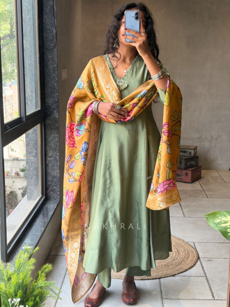 Zyrika Rama Green Anarkali Suit Set with Floral Dupatta