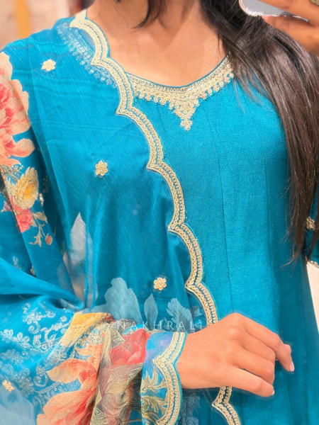 Ruhani Rama Green Anarkali Suit Set with Floral Dupatta