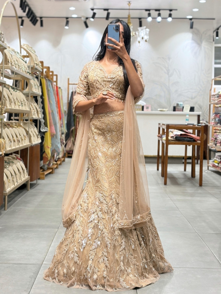 Image of Fishtail Cream Indo-Western Lehenga Set