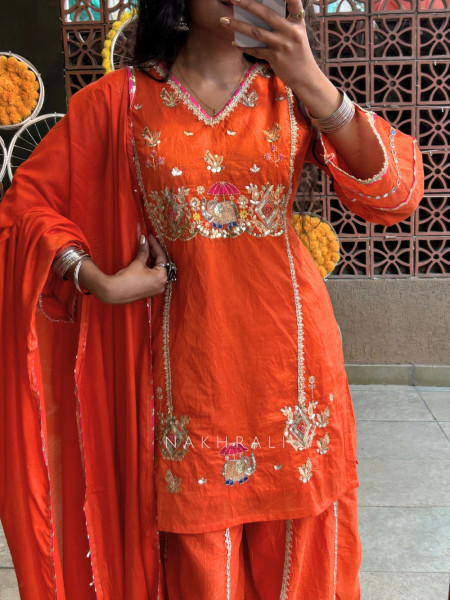 FestiveFolklore Orange Pure Chanderi Silk Sharara Suit Set With Zardozi & Elephant Motif Embroidery