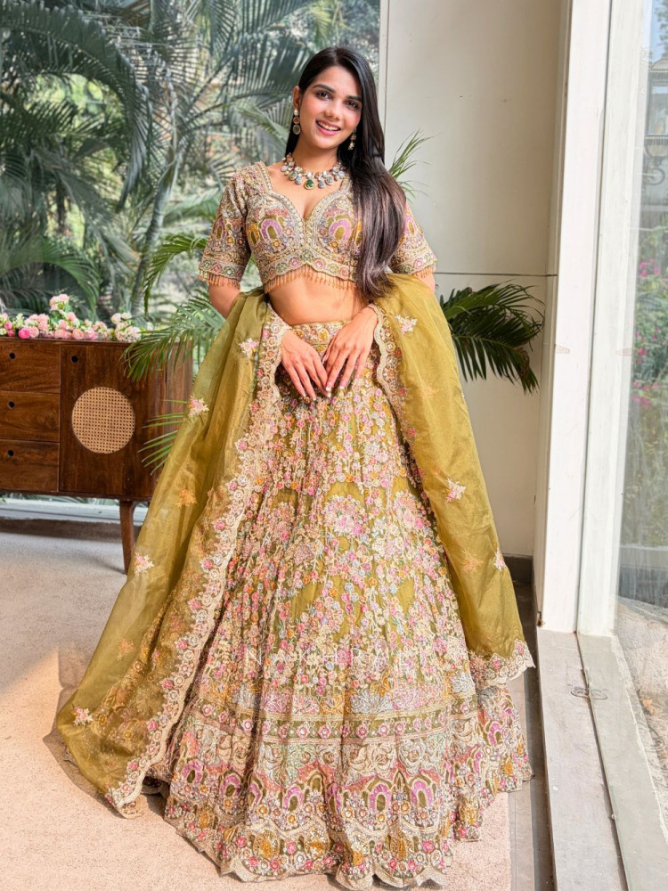 Image of Pranika Mehendi Green Embroidered Lehenga Set