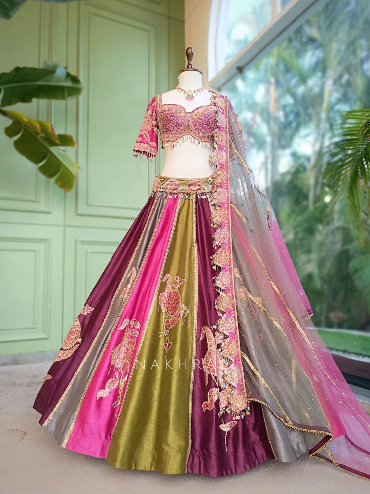 Image of Sargam Multi-Paneled Peacock Feather Lehenga
