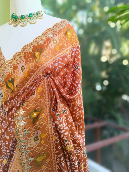 Zoraya Brown Ghatchola Saree with Elephant Motif Border