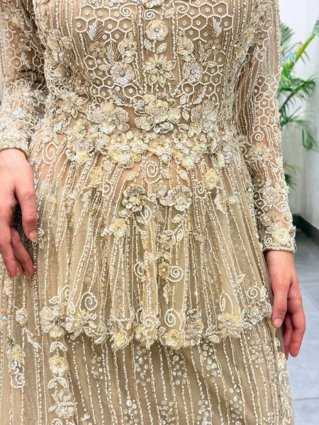 Solenne Beige Soft Net Indo-Western Skirt Set