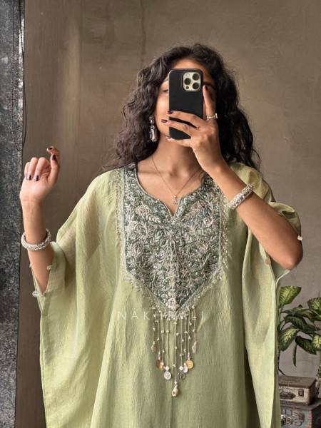Riyana Green Kaftan Set with Heavy Embroidered Neckline
