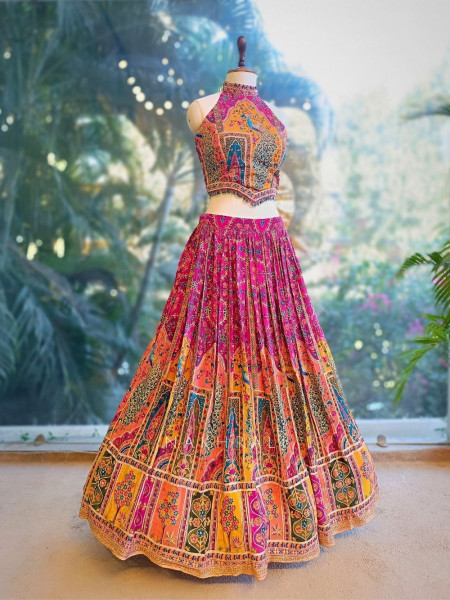 Gulnaar-e-Ishq Peacock Print Halter Neck Lehenga Set