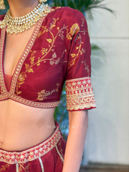 Orvian Maroon Lehenga Set with Floral Weave Sequin Border Work