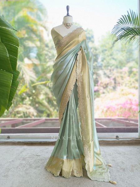 Skylight Pista Green Zari Weaved Saree with Embroidered Border