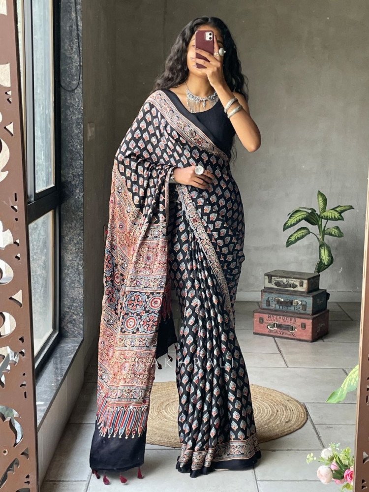 Image of Chaaya Black Modal Saree with Ajrakh Print