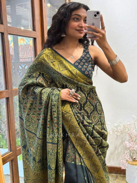 Earthbound Green Dola Silk Ajrakh Printed Saree