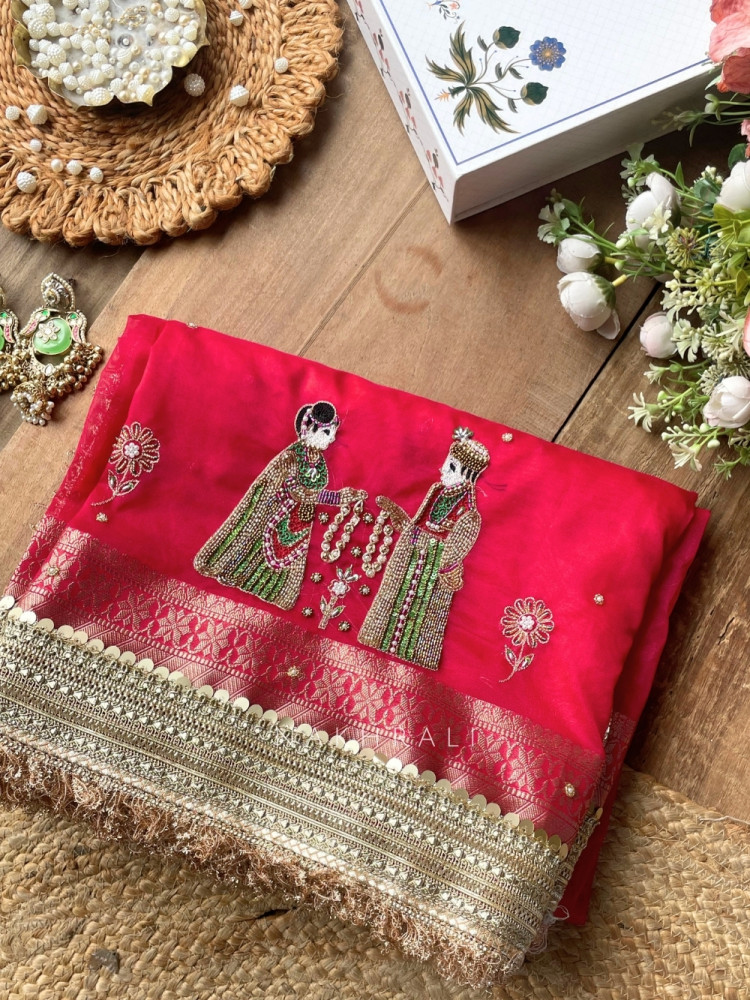 Image of Kalpika  Red Organza Silk Saree With Jaimala Zardosi Motif Work