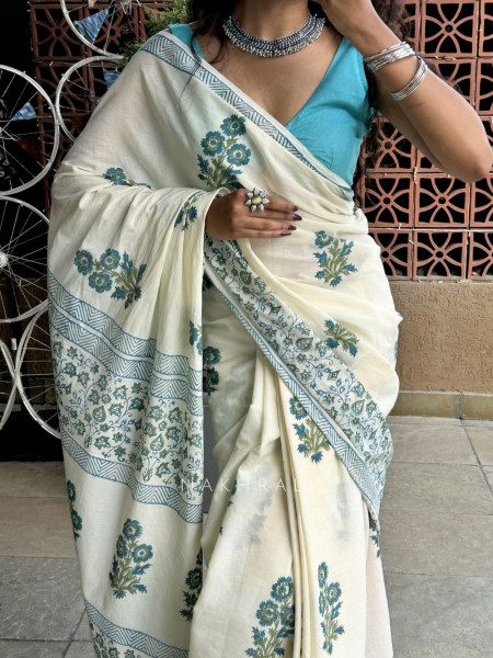 Inku Cream Cotton Saree with Hand Block Print