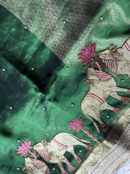 Vraj Ras Green Banarasi Tissue Silk Saree – Hand Embroidery & Zari Border