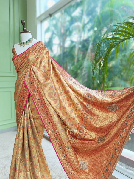 Sharvani Beige Saree With Meenakari Zari, Gota Patti & Zardozi Work
