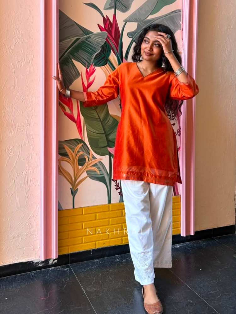 Image of Rainbow Orange Short Kurti Minimal Border Detail