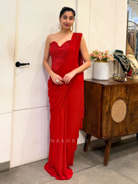 Aarvika Red Drape Saree with Beaded Corset Blouse