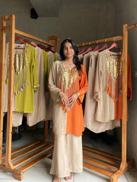 Festive Orange Dual-Tone Kurta Pant Set
