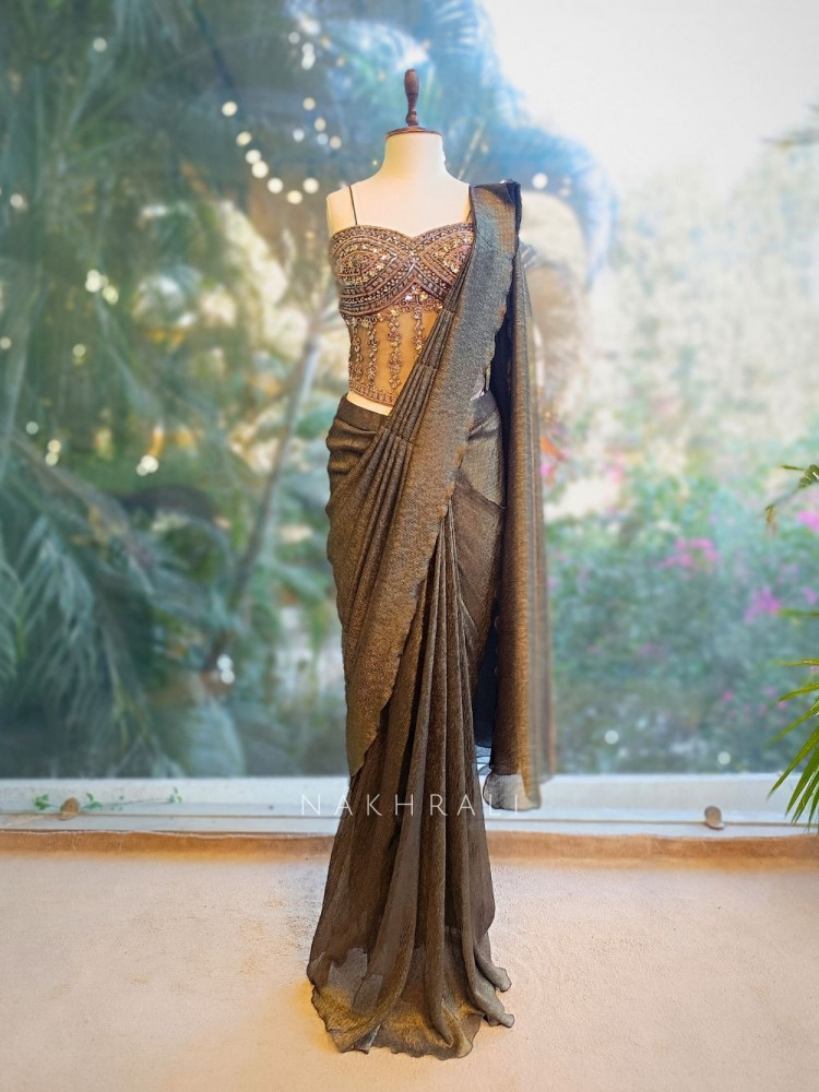 Image of Aveline Olive Corset Saree with Sequin Work