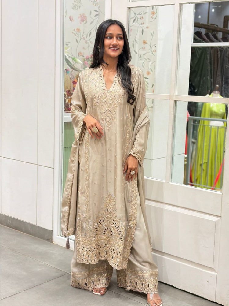 Image of Zymera Brown Three Piece Suit Set with Cutwork and Mirror Embroidery