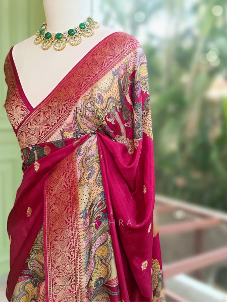 Sarang Wine Saree awith Kalamkari-Inspired Figurative Motifs