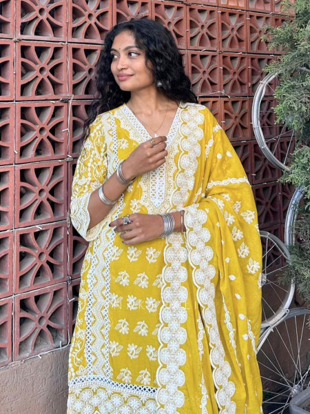 Mireya Mustard Cotton Suit Set with Lucknowi Embroidery