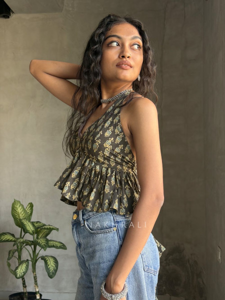 Roselle Frill Black Printed Crop Top