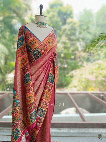 Triyogi Magenta Munga Tussar Soft Metallic Silk Saree with Pichwai Peacock Pallu