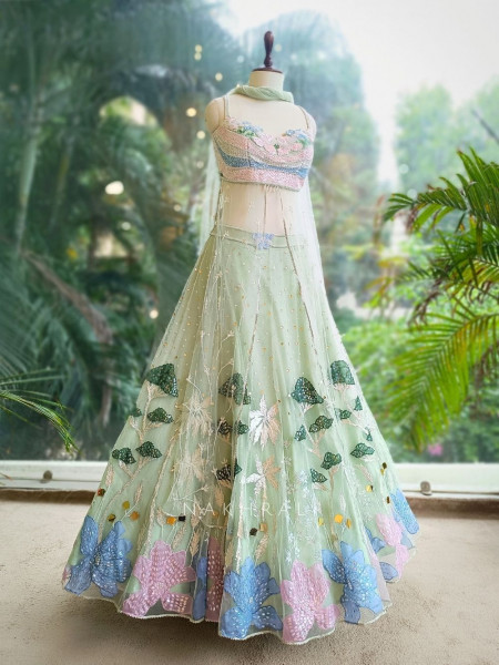 Enchanted Bloom Green Net Lehenga with Sequin & Floral Embroidery