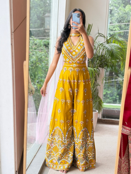 Sunlit Empress  Yellow Silk Blend Indo-Western Jumpsuit