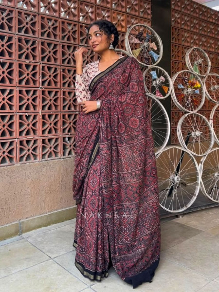 Rubaab Brown Kota Doriya Saree with Ajrakh-Inspired Floral Print