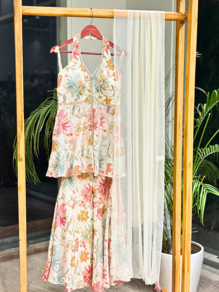 Meadow Gleam Cream Indo-Western Peplum Sharara Set