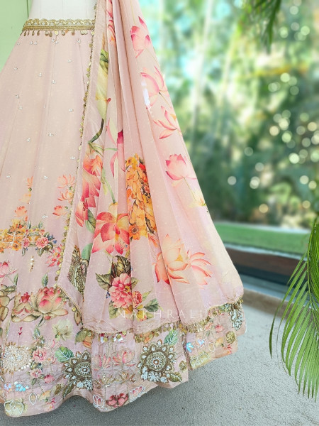 Pushpaveda Blush Pink Shimmer Lehenga With 3D Beadwork, Floral Print & Sequin Detail