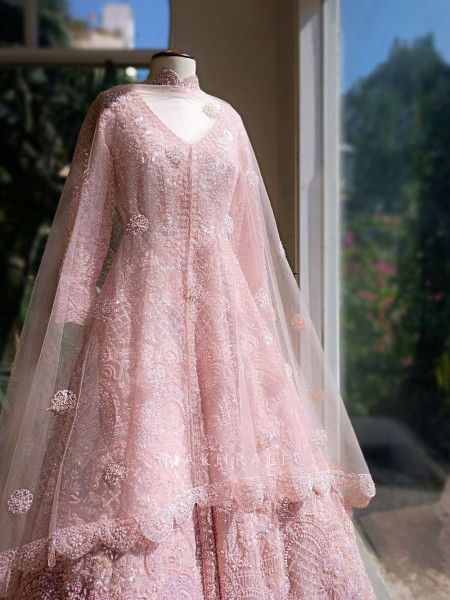 Aurelia Pink Net Silk Achkan Lehenga with Sequin Cut Dana Work