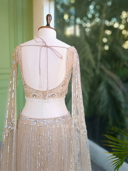 Lioré Beige Indo-Western Lehenga with Sequin and Leaf Work