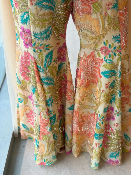 Gul-o-Glow  Beige Halter Neck Floral Sharara Suit