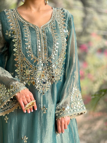 Poise Teal Blue Tissue Long Dress with Mirror and Zari Work