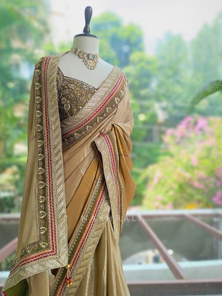 Image of Kairi Mehendi Green Saree with Zari And Mirror Work