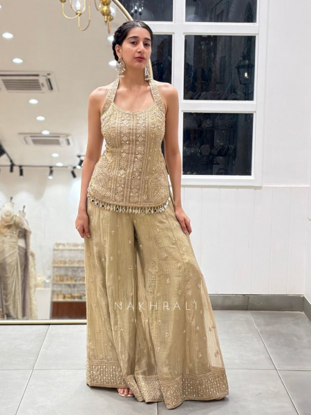 Serene Pista Green Palazzo Set with Mirror Embroidery