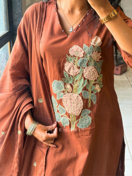 Tavira Brown Embroidered Floral Kurta Pant Set with Dupatta